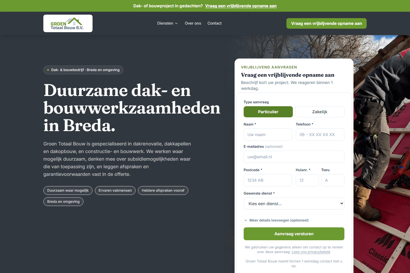 Schermafbeelding van de homepage van de website van Groen Totaal Bouw